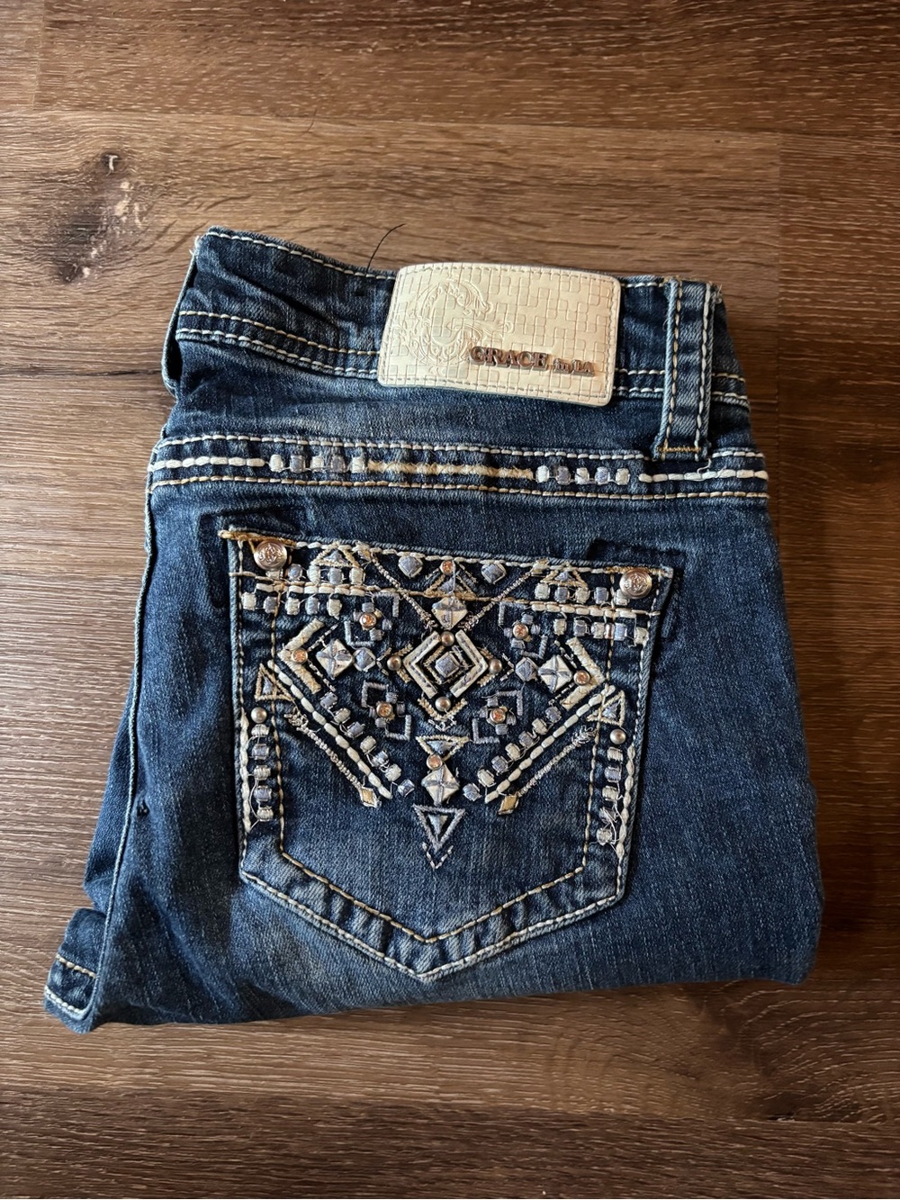 Grace in LA Dark Blue Jeans with Cream Embellishment